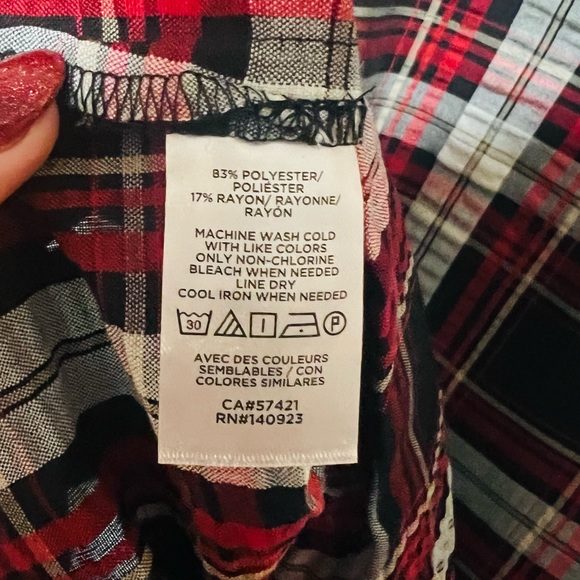 Loft medium red/black/white plaid top sheer/ elastic ruffle sleeves NWT Holiday - Picture 6 of 11